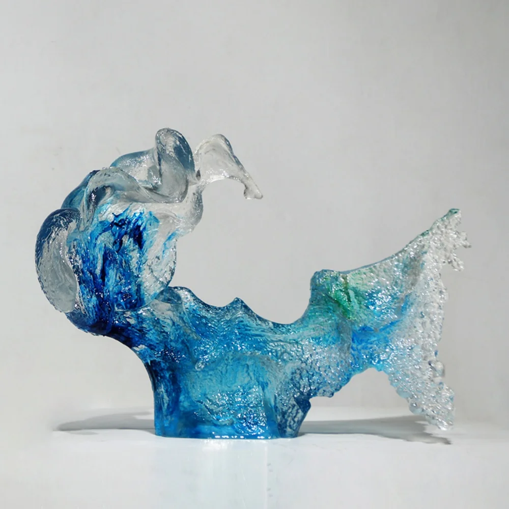 ※a Gradient Blue Transparent Resin Wave Dynamic Sculpture Coastal Aesthetics High-End Home Decor