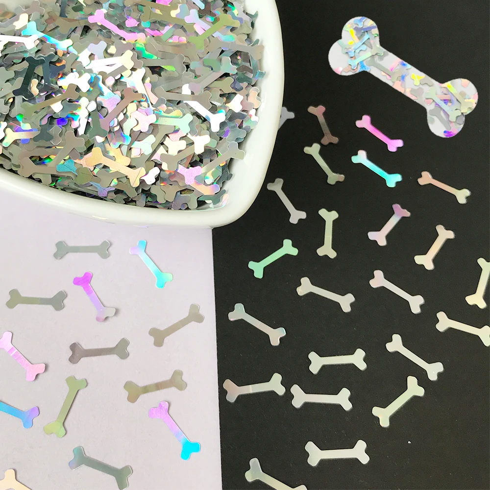 PrettyG 12mm Holographic Silver Dog Bones Glitter Shape Glitter Sequin Supplies For Resin Art Craft Nail Decoration Accessories