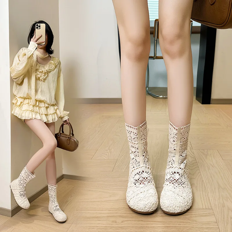 Purcoral Women Crochet Lace Ankle Boots Boho Hollow Out Flat Mid Calf Boots Back Zipper Breathable Casual Ladies Botas Mujer