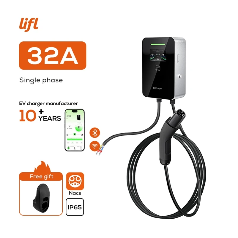 

Настенное зарядное устройство для электромобилей, 32 А, портативная зарядная станция для автомобиля, домашняя быстрая зарядная коробка, уровень 2, зарядное устройство для электромобилей