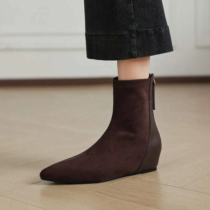 Krazing Pot Flock Pointed Toe Med Heel Modern Chelsea Boots Patch Work Warm Winter Shoes Street Wear Slip On Stretch Ankle Boots