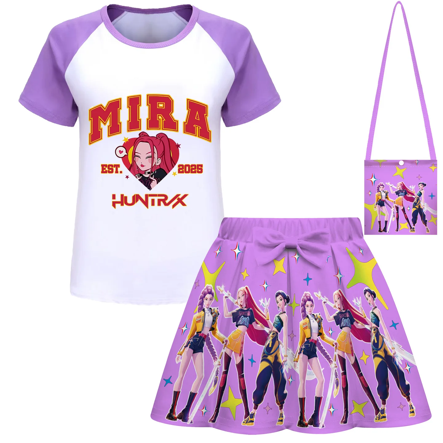 

3pcs K-pop Demon Hunters Bubble Skirt T-shirt Suit Cosplay Costume Cute Dress Top Set Children Summer Fashion Sweet Skirts Gift