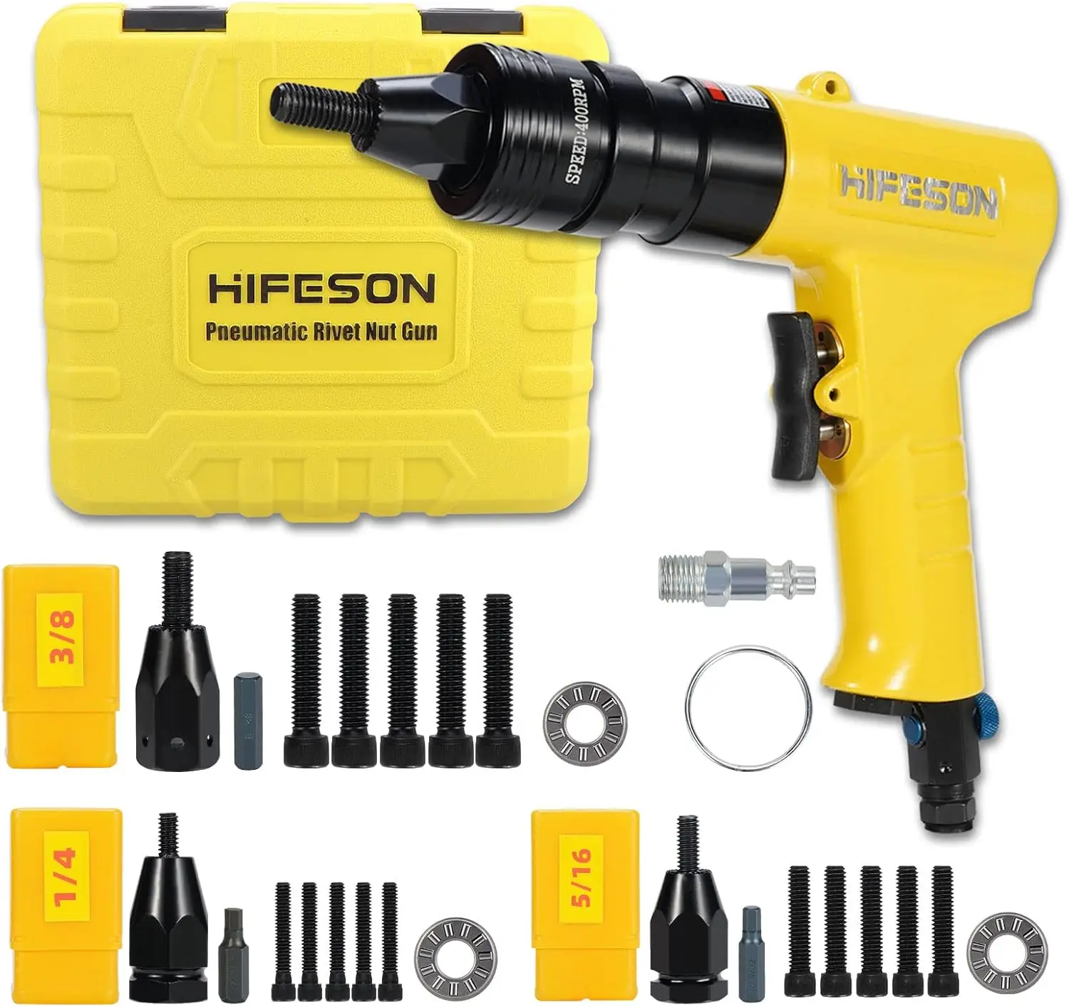 Hifeson Pneumatic Rivet Nut Gun With 1/4 & 5/16 & 3/8 Self-Locking Head Gun,Quick-Change Mandrels,Industrial Grade Adjustable