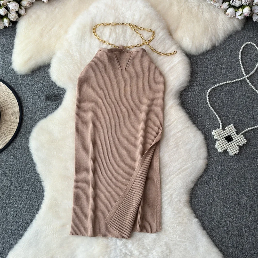 Chic Women Solid Black Knit Pencil Skirt High Waist Vertical High Split Slim Mid Length Knitted Skirt Commuter Fashion Bottom