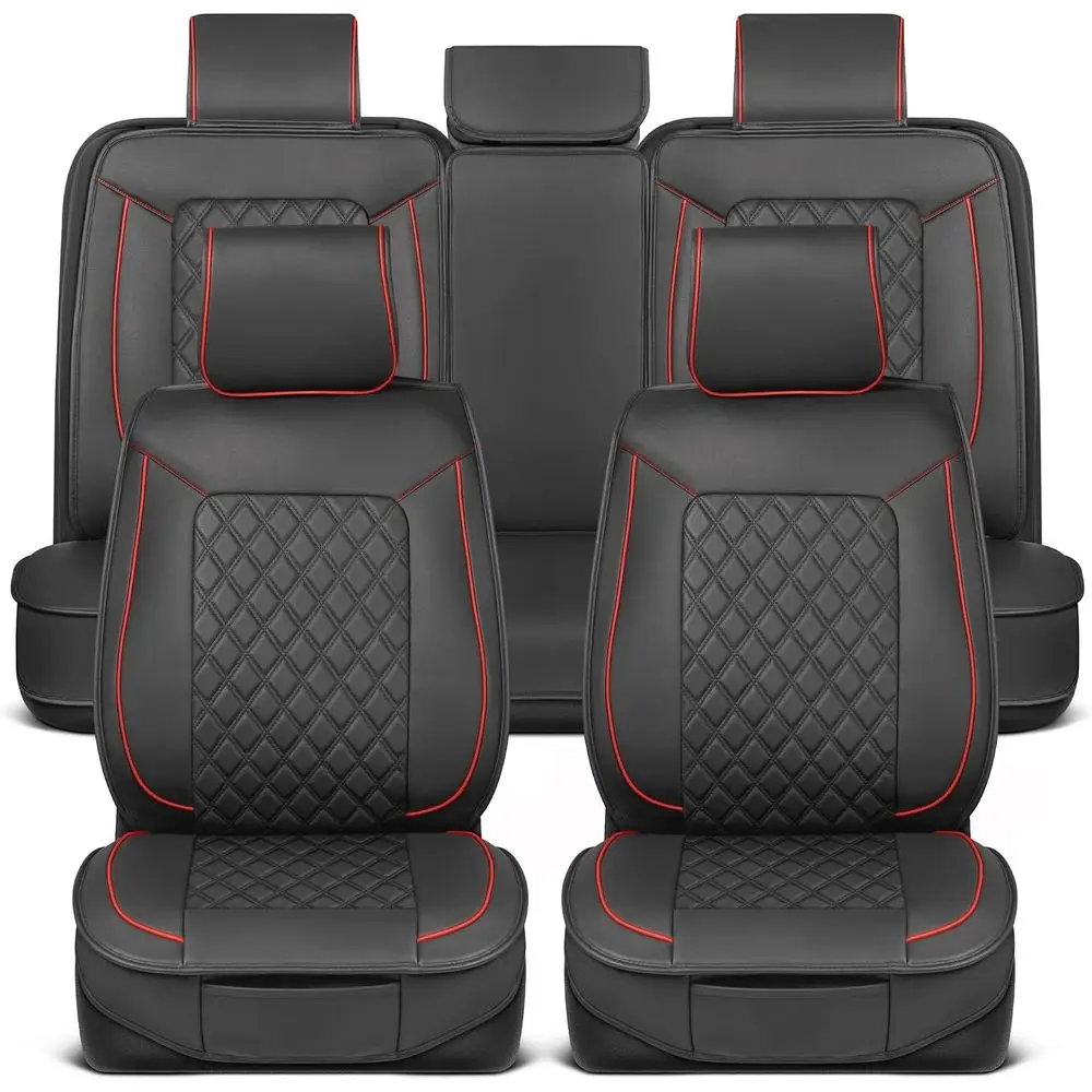 Crimson Leather Seat Covers for Cars and SUVs | Waterproof, Black & Red Full Set, Seat Protectors, Universal Fit
