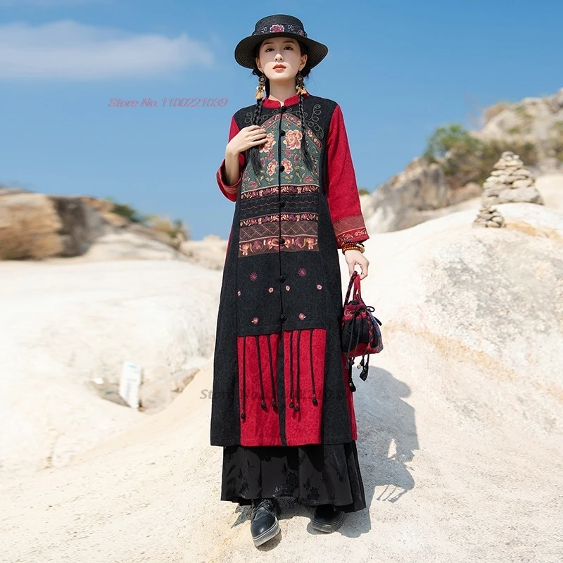 

2024 chinese vintage cotton linen jacquard coat hanfu tops national flower embroidery improved coat oriental ethnic folk jacket