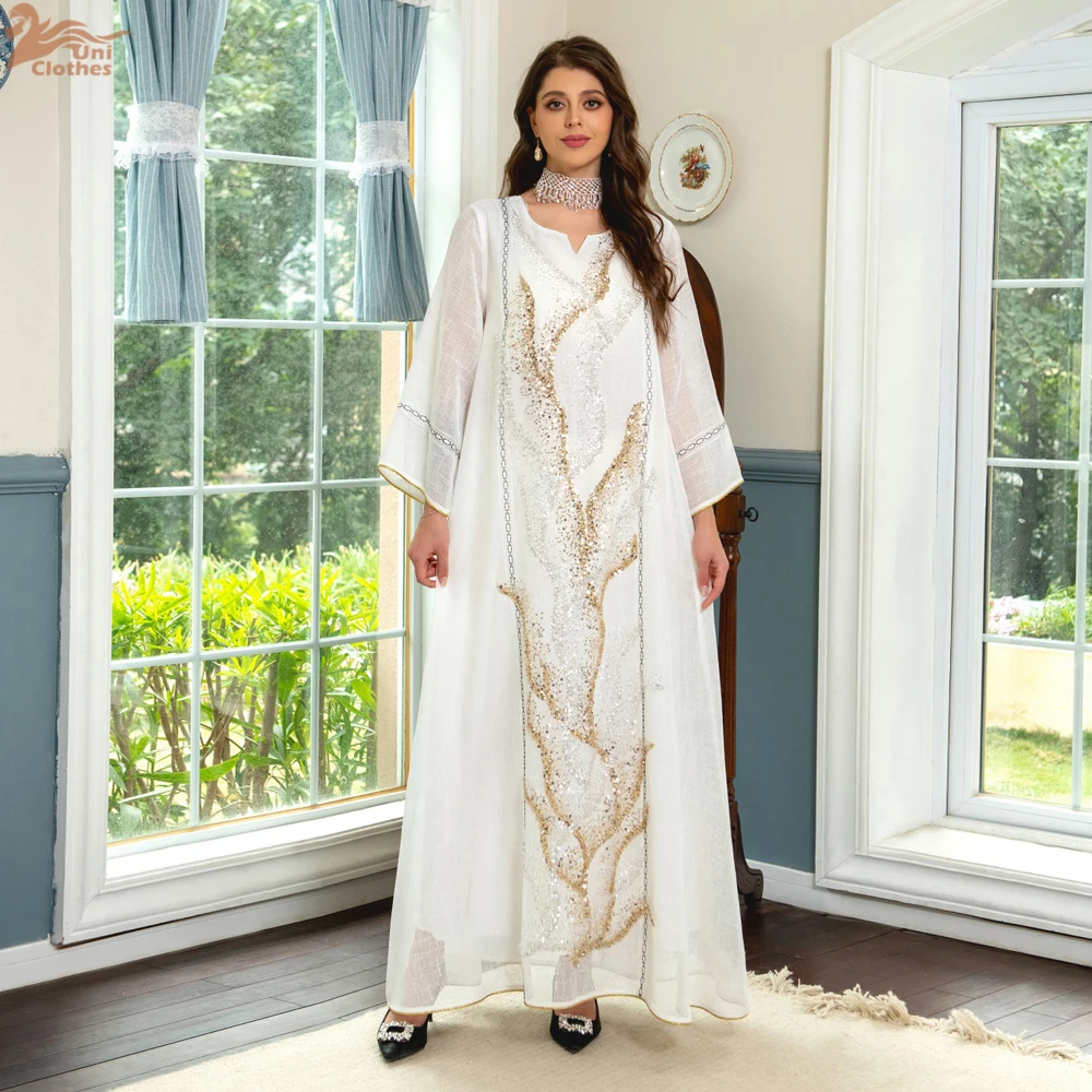 Uni Abaya Dubai فستان سهرة فاخر للنساء للحفلات الراقصة متواضع موضة شبكية ترتر مطرز جديد في فساتين 2025