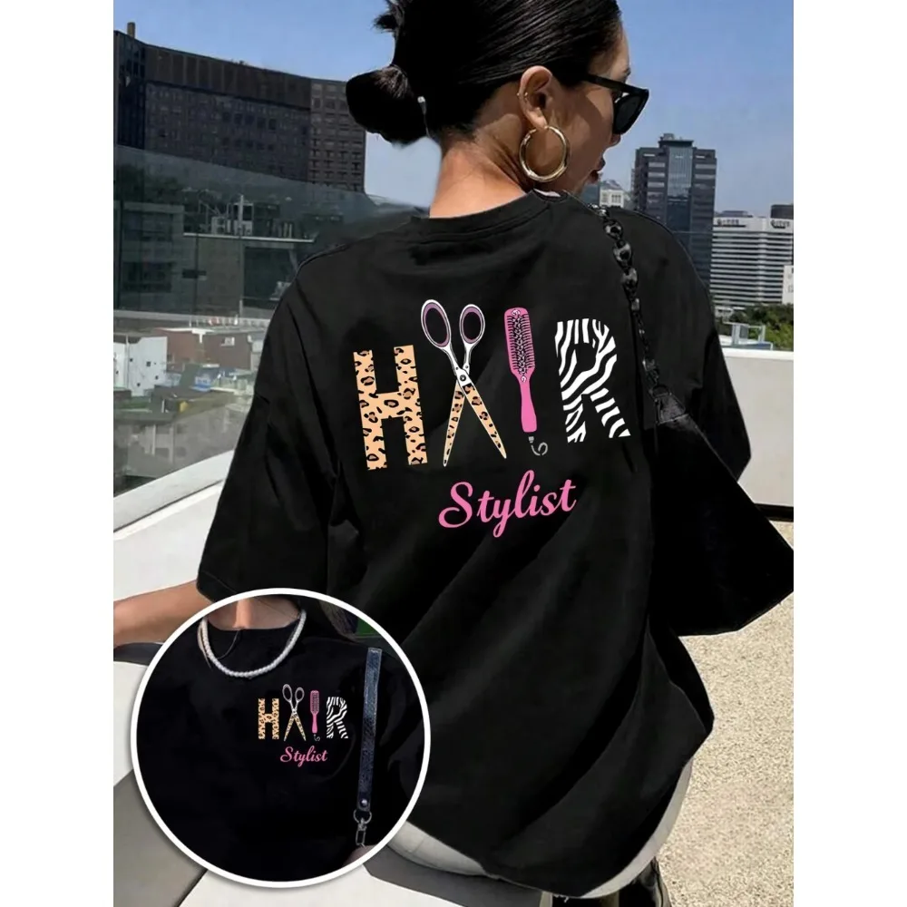 Hair Stylist Graphic T-Shirt Women Funny Hairdresser Gift Tee Leopard Zebra Print Scissors Comb Short Sleeve Summer Casual Tops