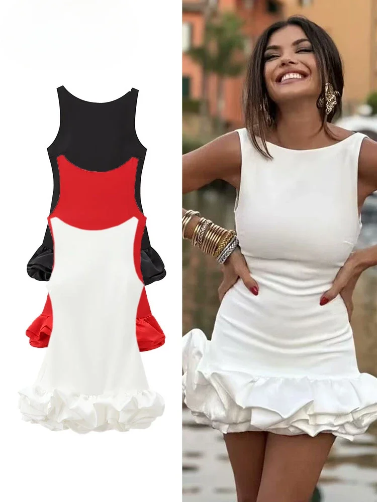 

Women Sexy Mini Dress 2024 Fashion Female O-neck Sleeveless Backless Dress Elegant Ruffles Slim Back Zipper Party Dress