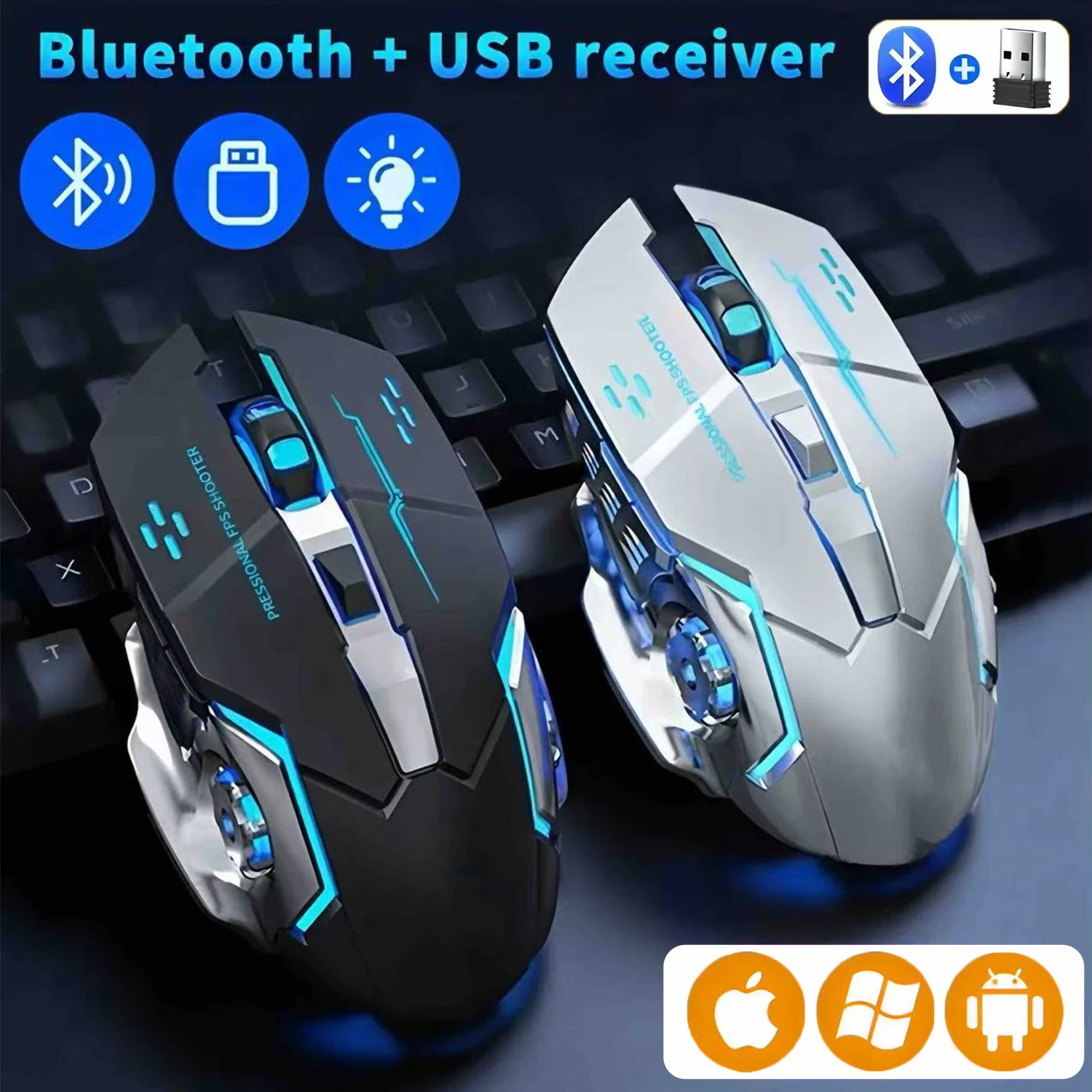 

Ergonomic Gaming Mouse, 2.4G & Bluetooth 2000DPI Adjustable, Electroplating Backlit for iPad Pro/PC/Tablet (500mAh)