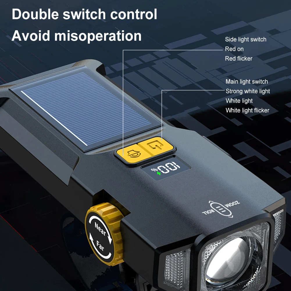 

Солнечная велосипедная фара, перезаряжаемая от USB, супер яркая велосипедная фара, дисплей мощности, велосипедная безопасная передняя лампа для ночной езды
