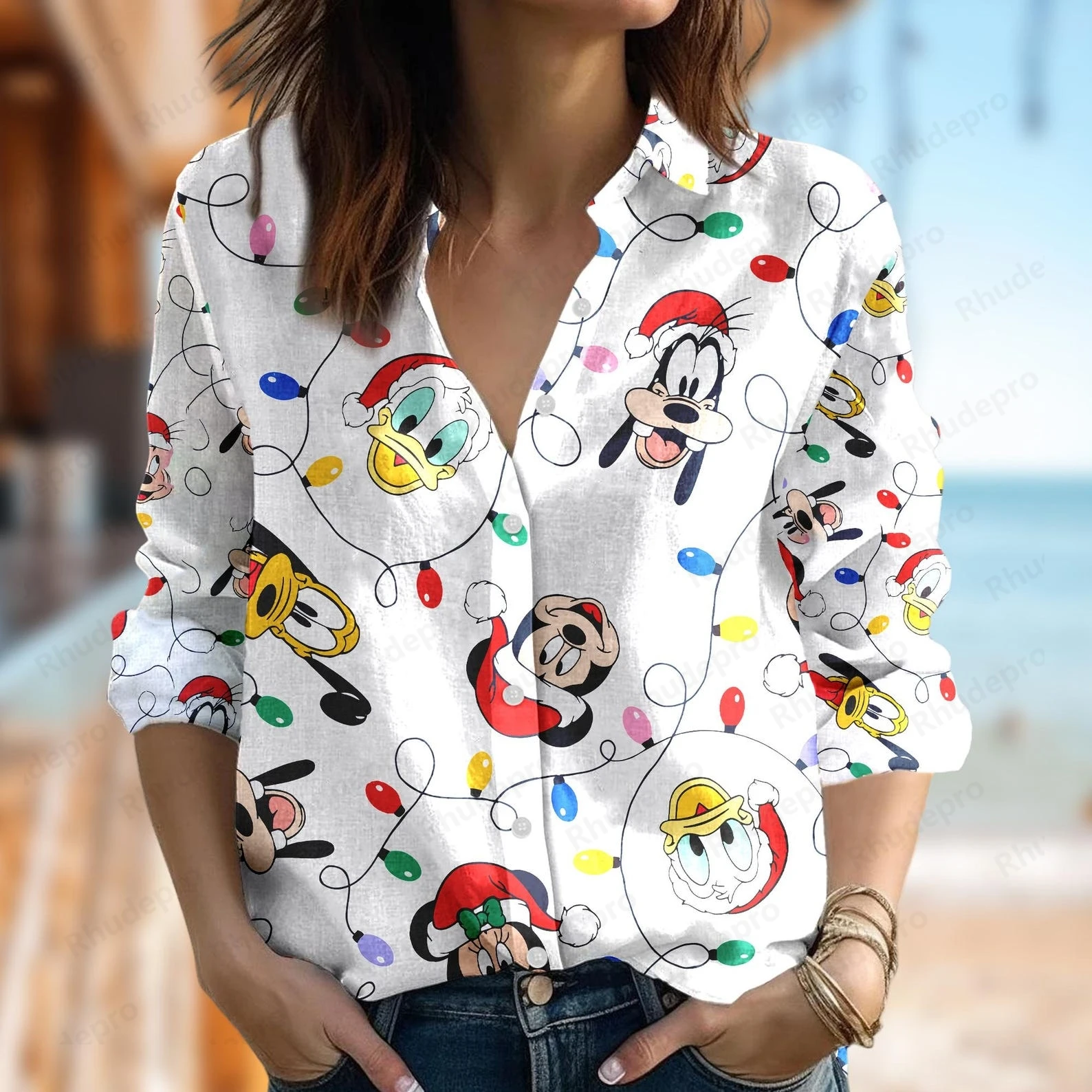 Disney Mickey and Friends Women's Shirt Casual Button Up Long Sleeve Shirt Stitch Olaf Summer Vacation Women Fashion 3d Shirts