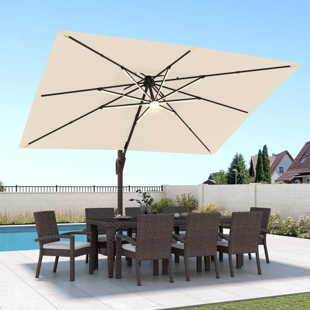 

9ft x 12ft Heavy-Duty Double Top Cantilever Patio Umbrella with LED Lights, 360-Degree Rotation, Beige