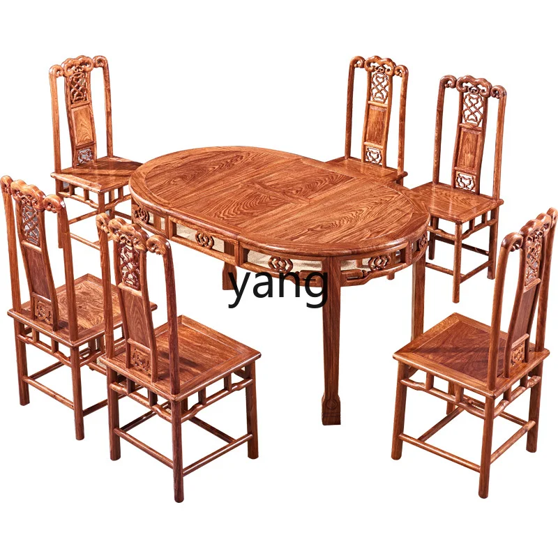 

YJQ Chinese mahogany retractable round dining table and chairs all solid wood rectangular dining room rosewood furniture