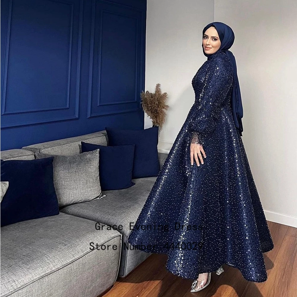 Customized Luxury Muslin Evening Dresses for Women Summer Full Sleeve Moroccan Caftan Sequined Prom Gowns فساتين حفلات New 2025