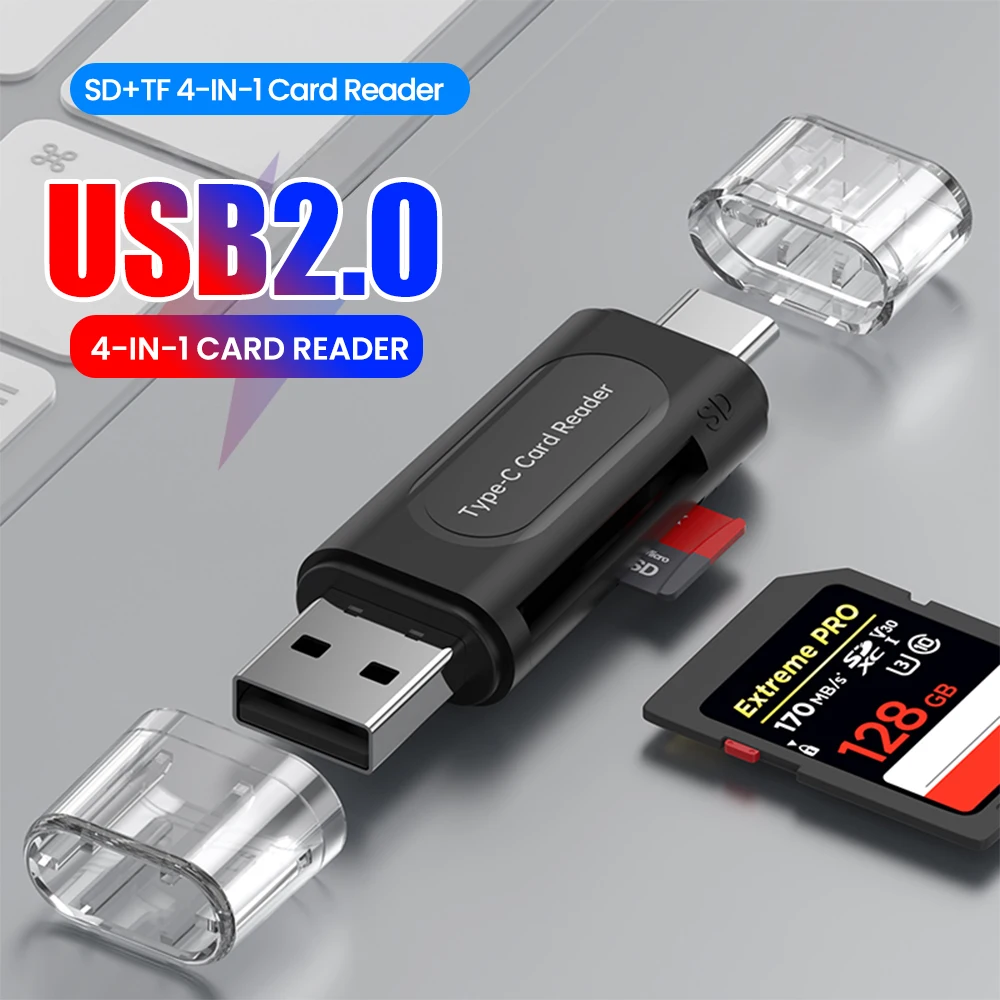4 in 1 USB 2.0 Card Reader USB Type C To SD TF Memory Card Reader High-Speed Cardreader For IPhone15 16 PC Laptop Accessories