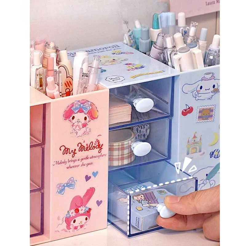 Cute Kawaii Sanrio Drawer Pen Holder Organizer with Grids Large Capacity Student Desktop Office Girls Kuromi Melody Storage Box