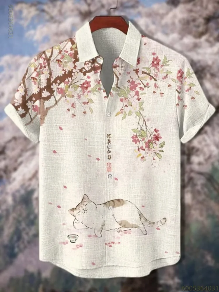 Men's shirt ink cherry blossom sleeping cat print lapel short sleeved shirt personalized Hawaiian shirt comfortable fabric