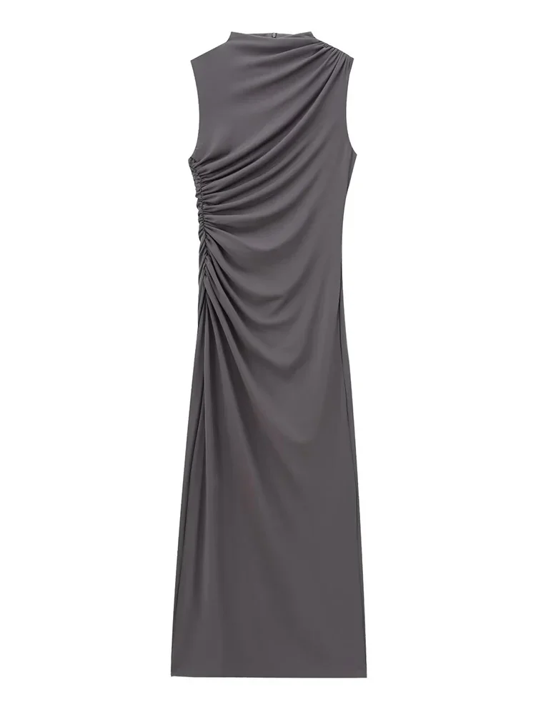 فستان Willshela للسيدات ذو ثنيات وسحاب خلفي متوسط الطول عتيق برقبة دائرية بدون أكمام فساتين نسائية أنيقة