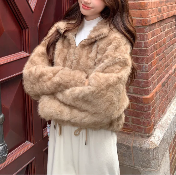 Chaqueta gruesa y cálida con cuello levantado para mujer, Top coreano de manga larga, holgado y versátil, Color café, Otoño e Invierno