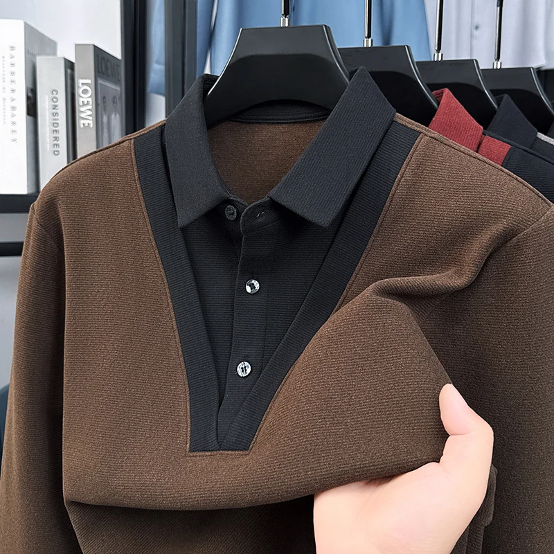 

Мужская модная повседневная футболка с длинным рукавом, имитация двухслойного кроя, с отложным воротником и пуговицами, в британском стиле, новинка сезона, весна-лето