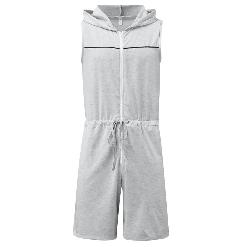 2024 New Men Tight Sleeveless Bodysuit Zipper Hooded Romper Short Pant Casual Home Wear Tracksuit Pajamas Onesies for Adults Men