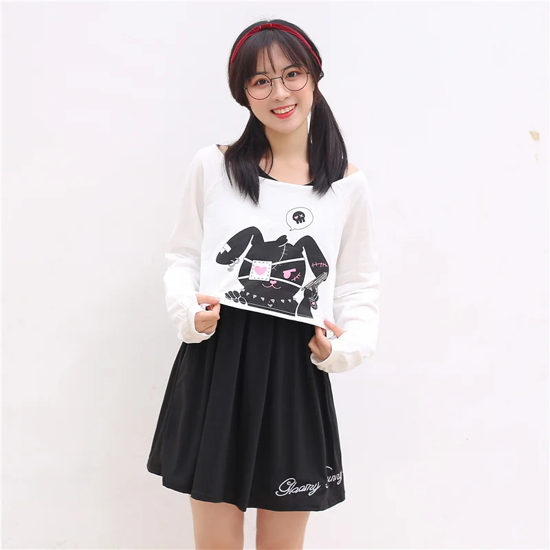 Japanese Kawaii Bunny Rabbit Lolita Dress Cute Comic Black Two Piece Set Cosplay Long Sleeve Casual Loose Girl Mini Dresses 2022