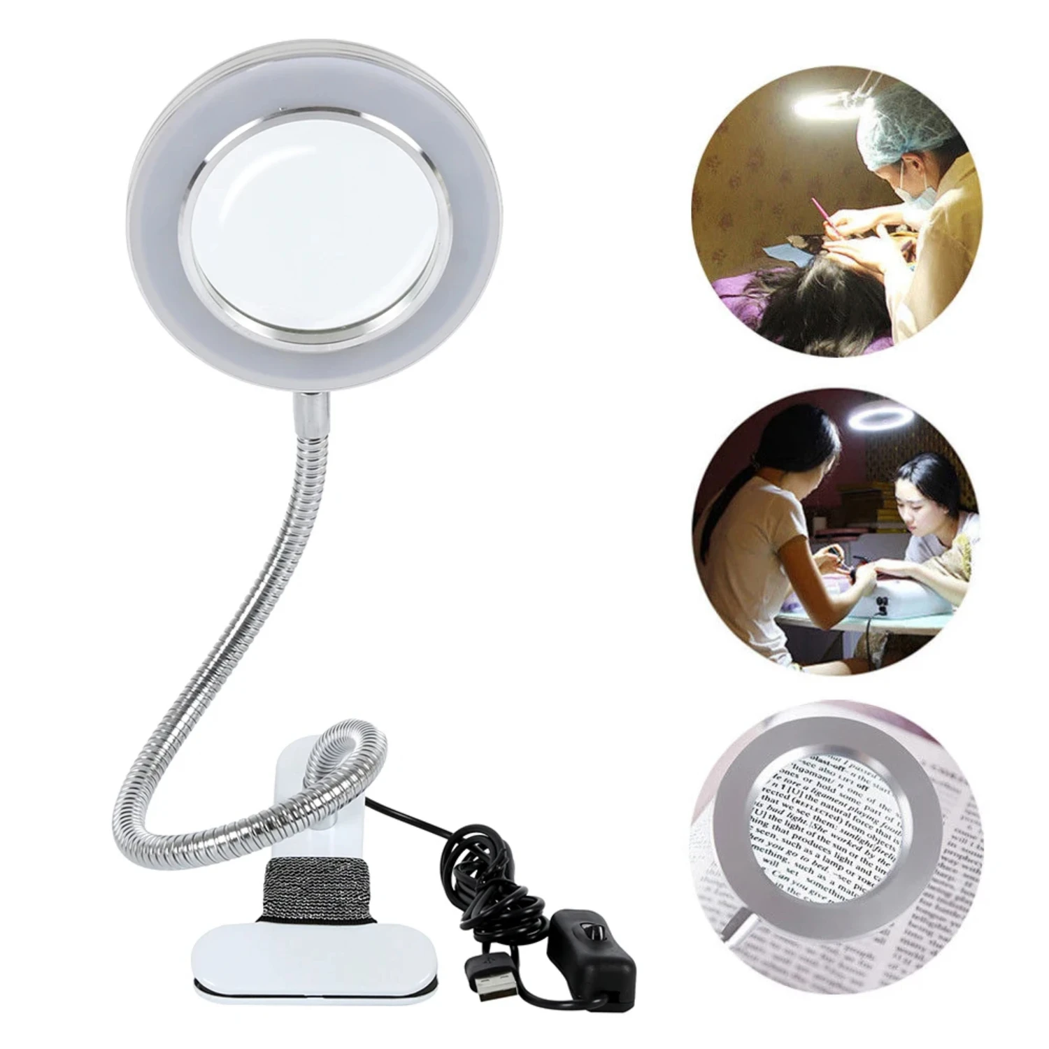 Stylish and powerful LED USB Circle Desk Lamp with Eight Times Magnifying Glass, Clip-on Design - Enhance Your Makeup Routine fo