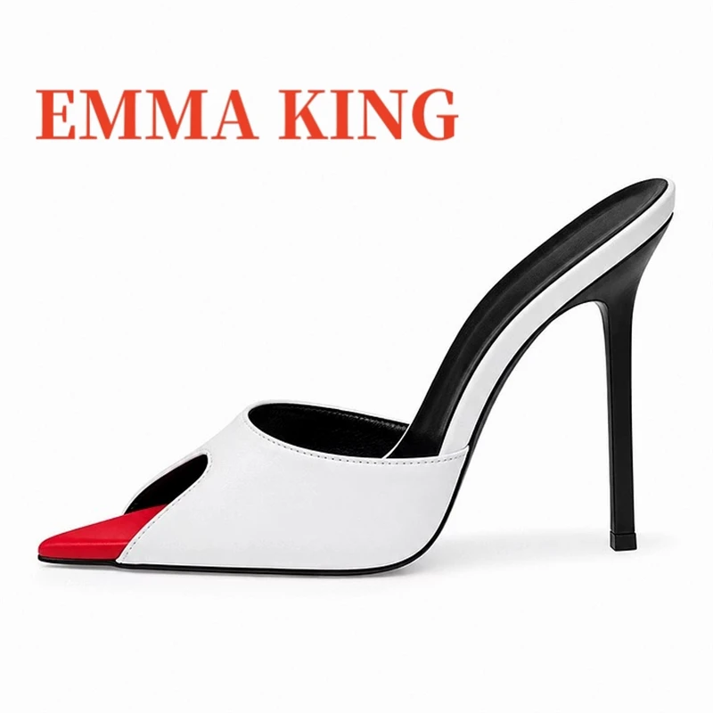 Women's White Red Patchwork Slip-On Mules, Chic Stiletto Heels Sandal with Red Pointed Toe,Elegant Dress Slippers for Party Club