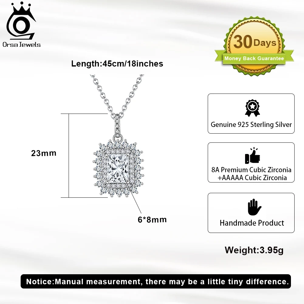 ORSA JEWELS Brilliant 8A Premium 6*8mm Cubic Zirconia Neck Chain for Women 925 Sterling Silver Pendant Necklaces Jewelry LZN13