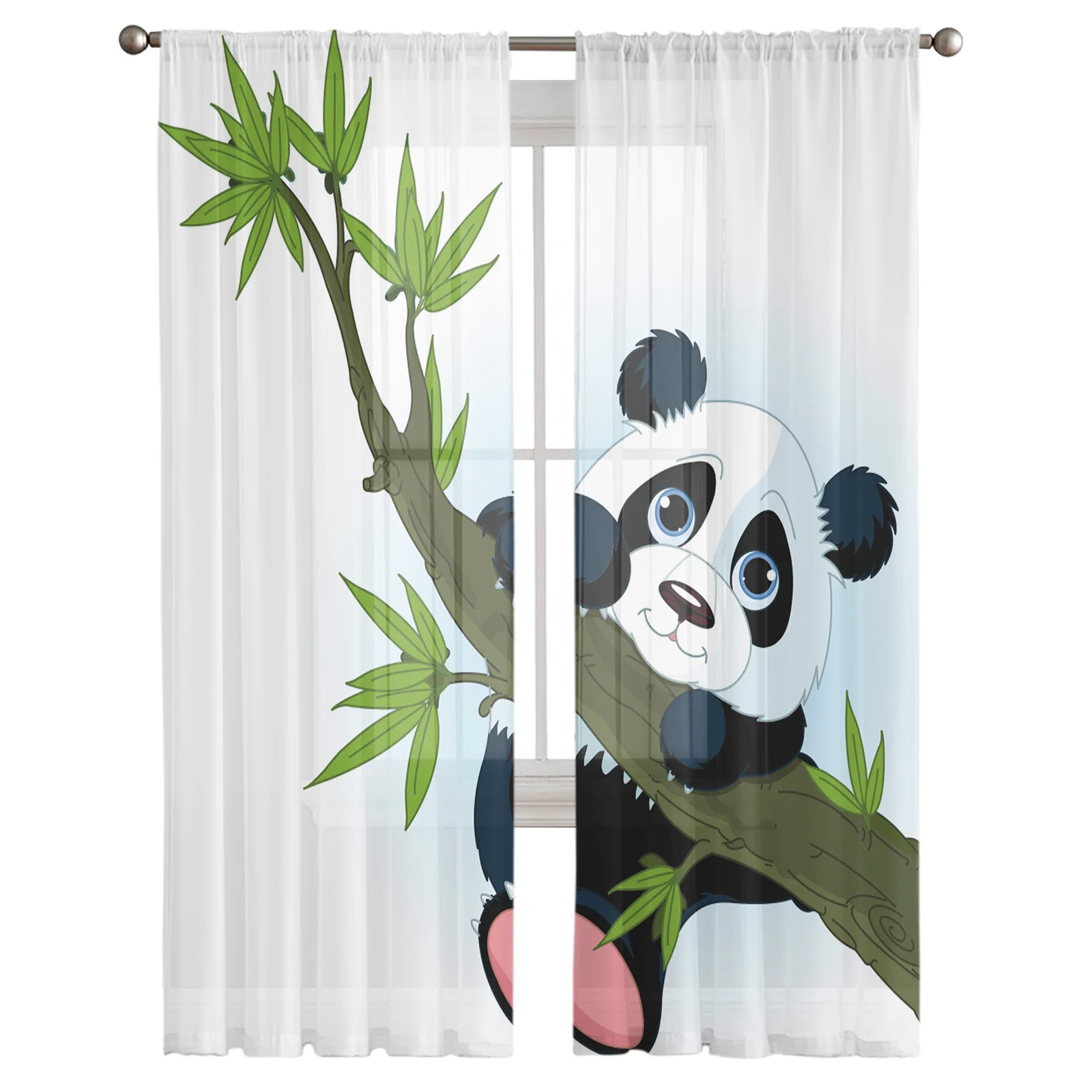 Animal Cute Panda Bamboo Cartoon Tulle Window Treatment Sheer Curtains for Kitchen Living Room the Bedroom Curtains Decoration