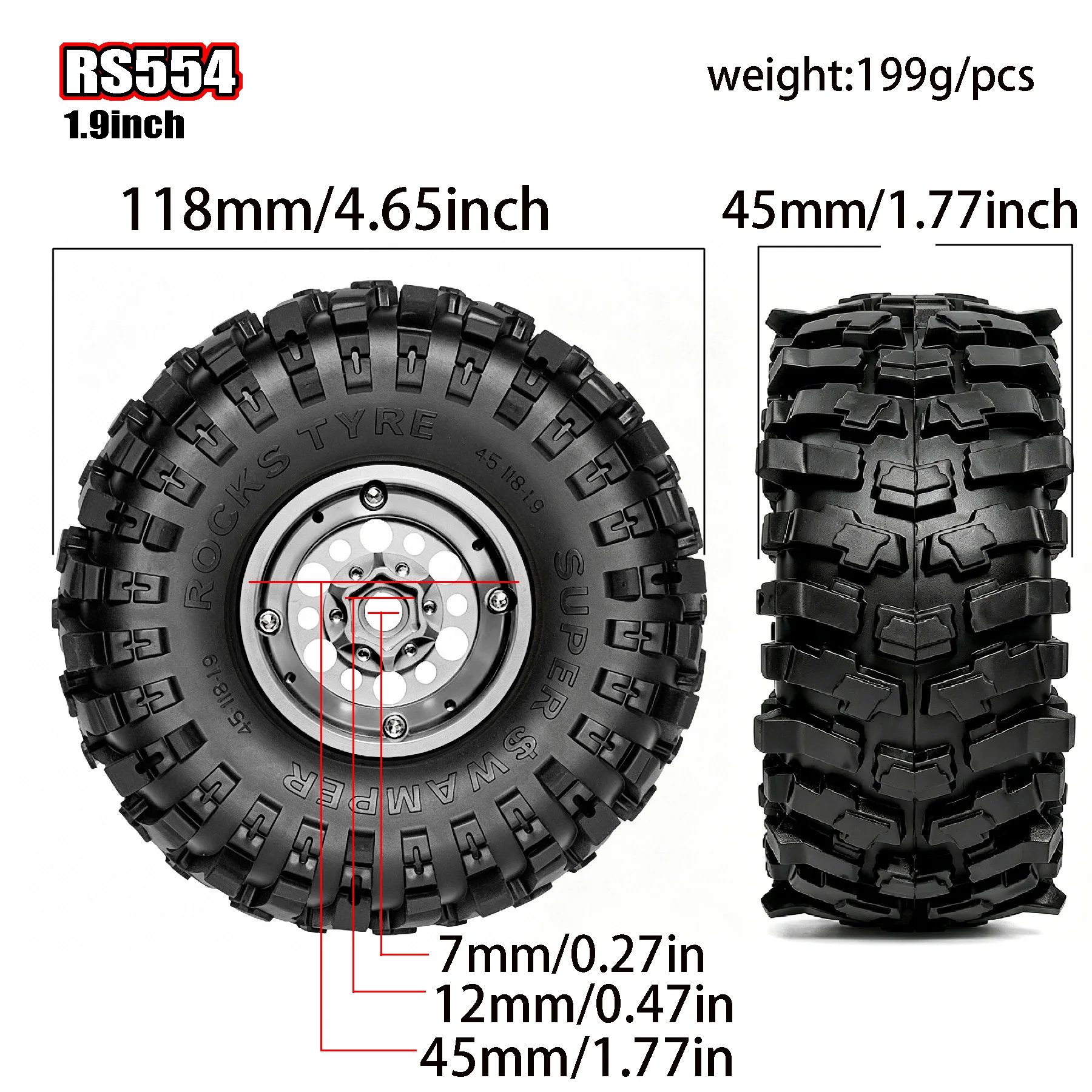 RED SPIDER 4Pcs 1.9' Metal Beadlock Wheel Tires Set Outer Diameter 118mm for 1/10 TRX6 SCX10 90046 AXI03007 Gen7/8 RC Crawler