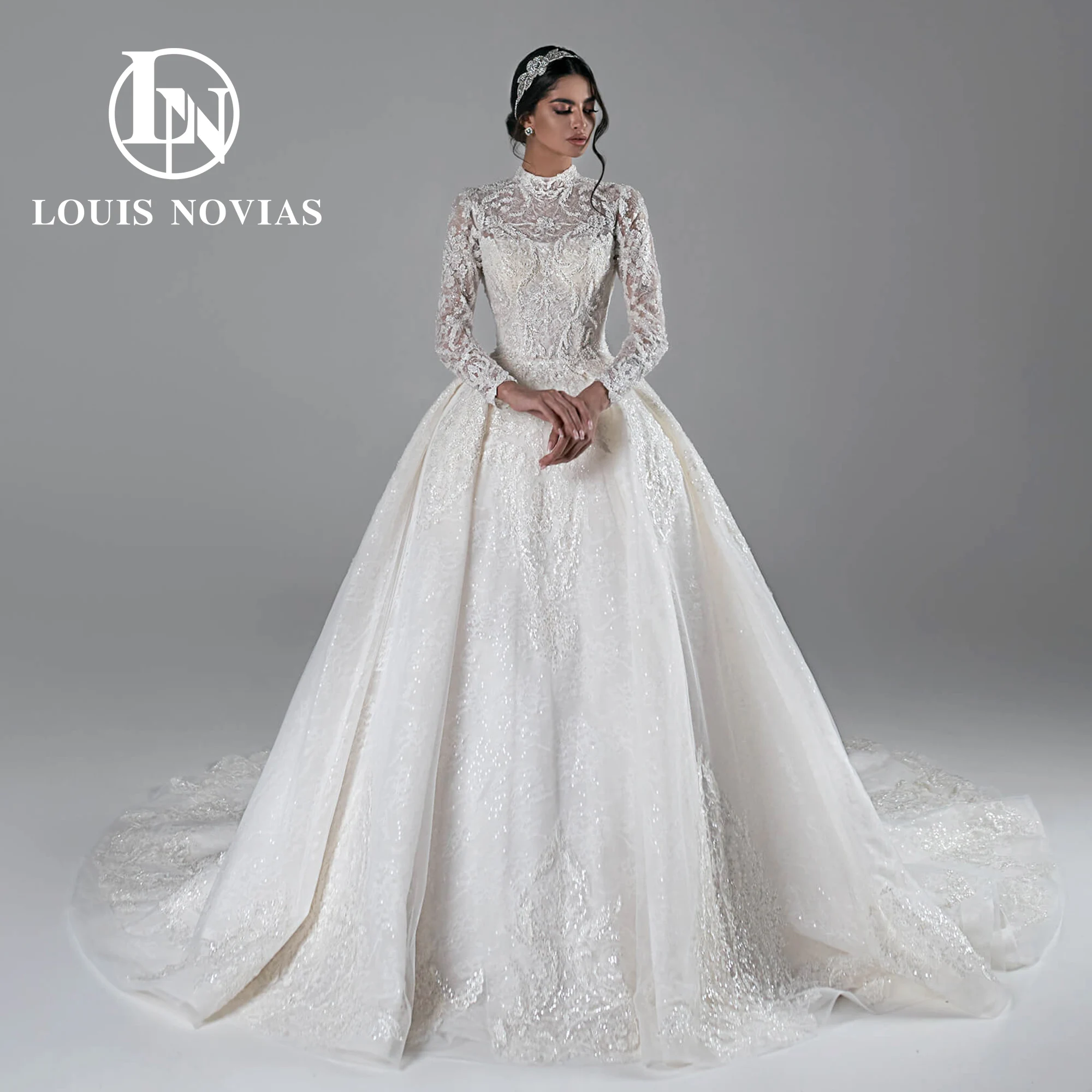 LOUIS NOVIAS Luxury Long Sleeve Ball Gown Wedding Dress HIGH Embroidery Beading Button Royal Wedding Gown Vestidos De Novia