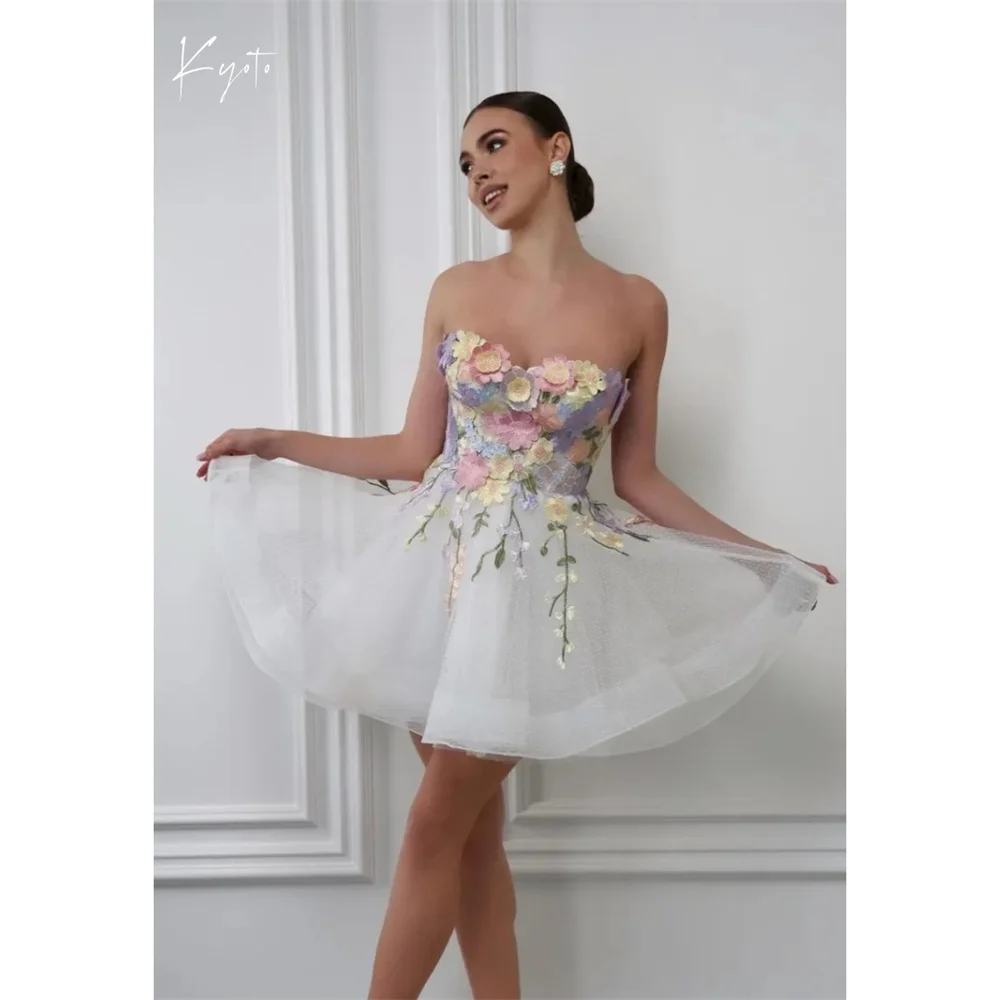 

Kyoto White Floral Lace-Up Wedding Dresses A-line Customized فساتين سهرات Knee-Length Heart Shaped Neckline robes de soirée