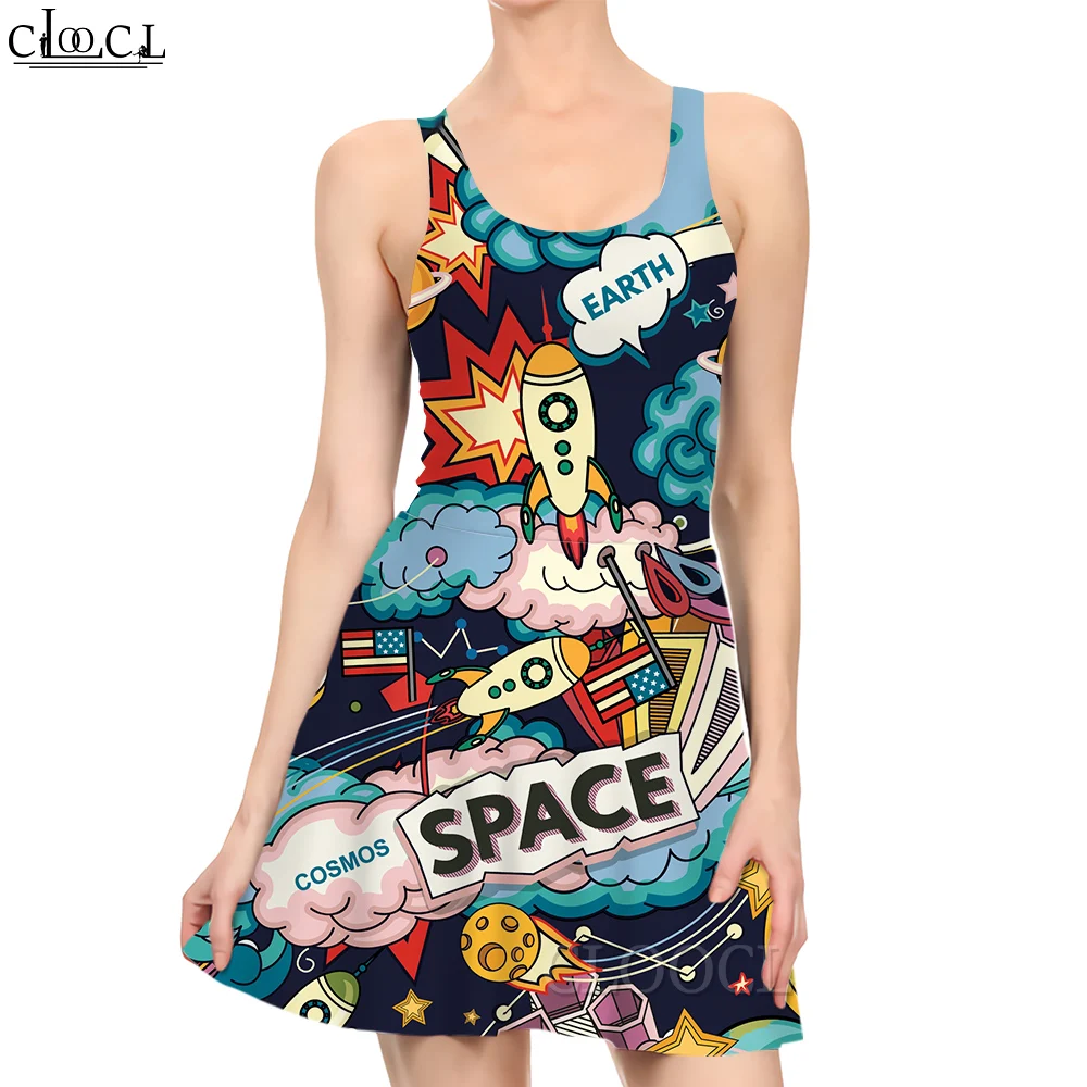 CLOOCL Women Dress Cartoon Astronaut 3D Graphics Printed Summer Female Sexy Dress Fashion Sleeveless Pleated Beach Dresses