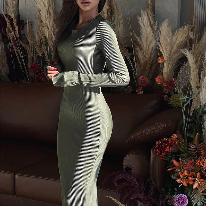 Maxi Bodycon Dress Spring Formal and Elegant Women\'s Dresses Evening Party Robe Femme Solid Ribbed O Neck Long Sleeve Vestidos