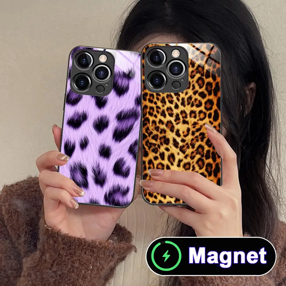 

Classic Leopard Glass MagSafe Mobile Phone Case for iPhone 17 16 15 14 13 12 11 Air Pro Max Plus Mini Colorful Cover