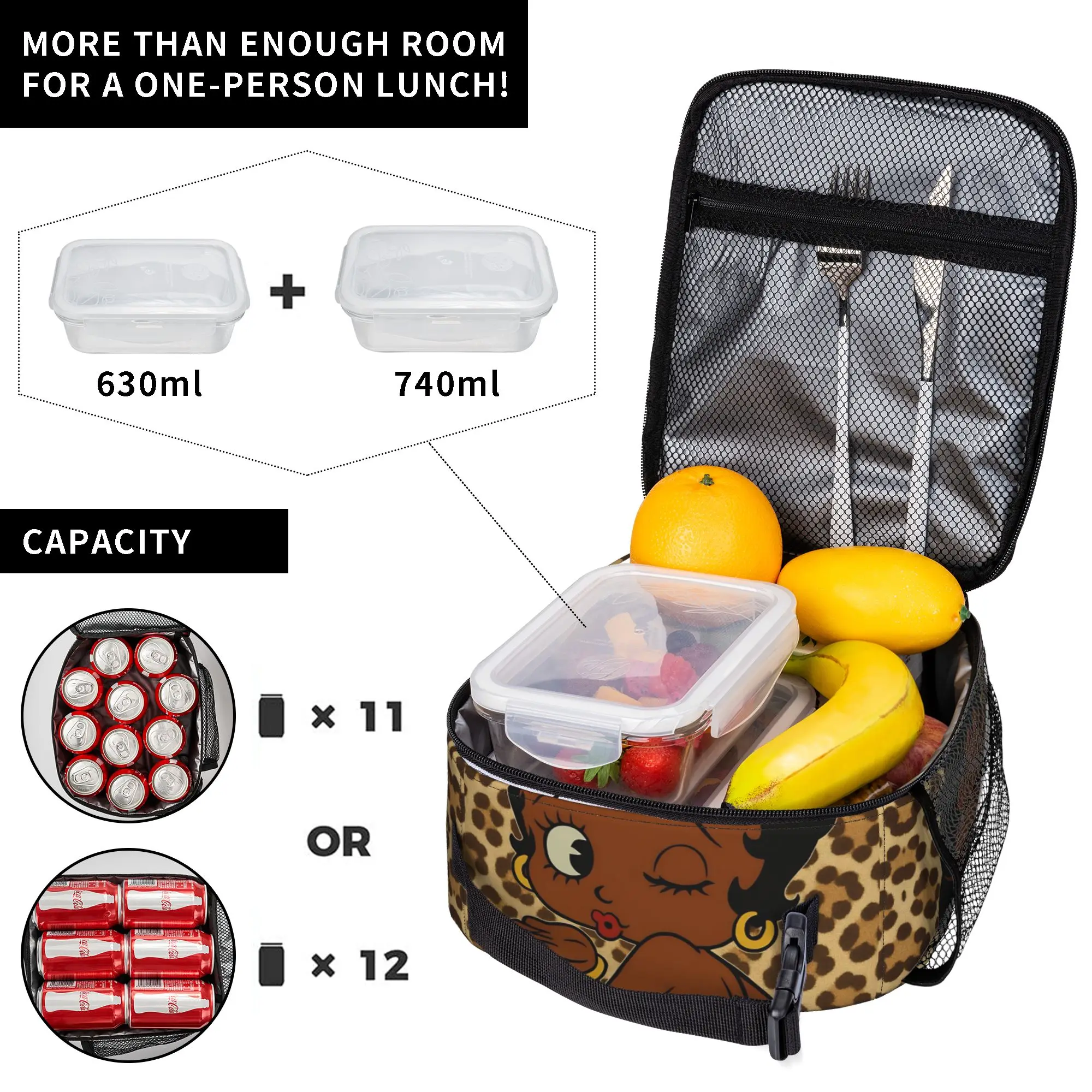 Black B-Betty Boops Insulated Lunch Bag Portable Meal Container Cooler Bag Tote Lunch Box College  Picnic Bento Pouch view 3