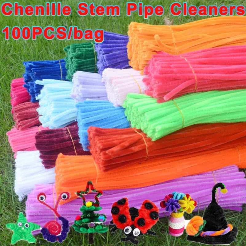 100 Uds. Limpiadores de tubos de tallo de chenilla coloridos 27 colores palos de tallos de chenilla tiras de felpa para arte DIY niños proyecto de artesanía creativa
