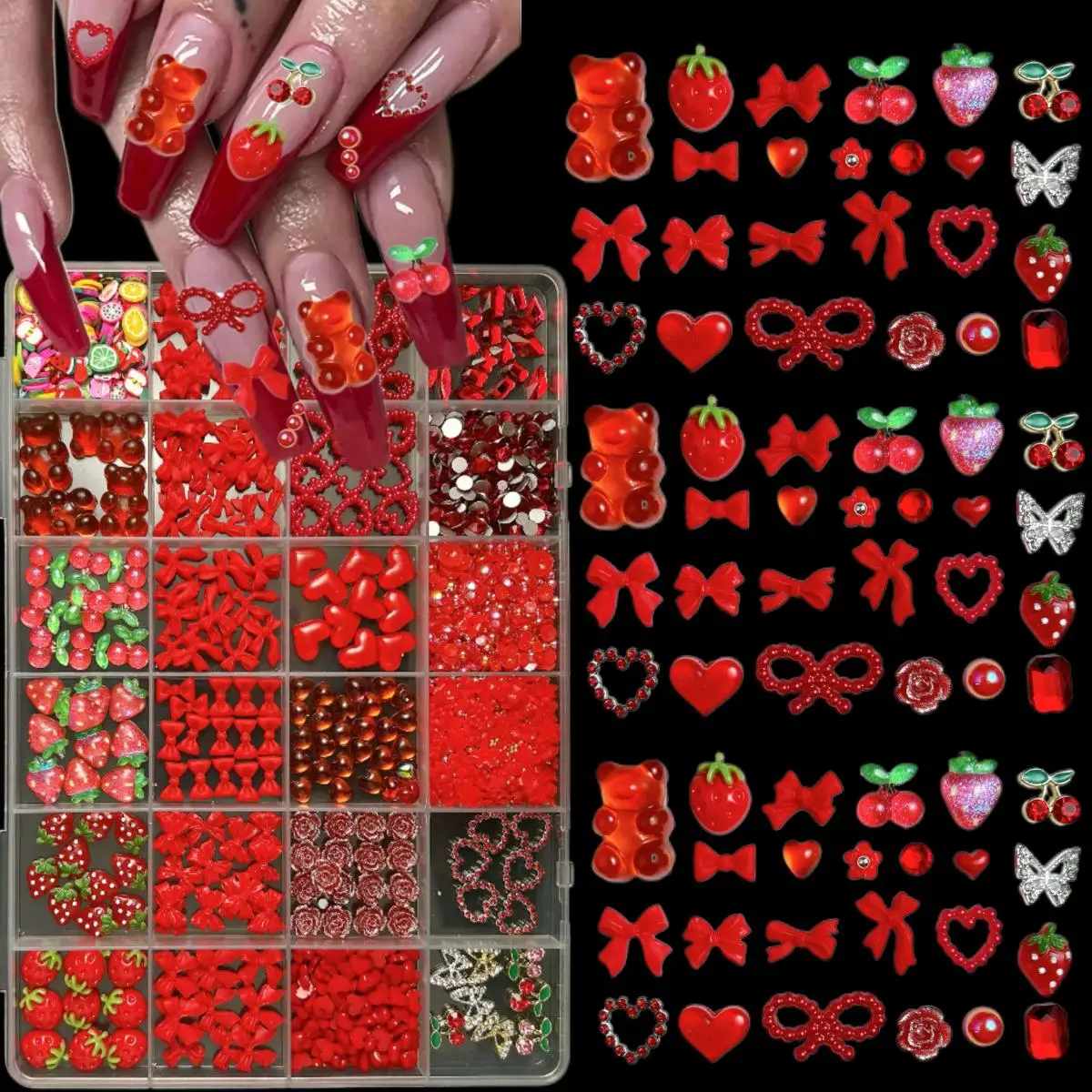 

1Box Creative Cherry Fruit Slices Resin Nail Charms 3D Bow Heart Alloy Butterfly Nail Art Decorations DIY Valentine's Day Nails