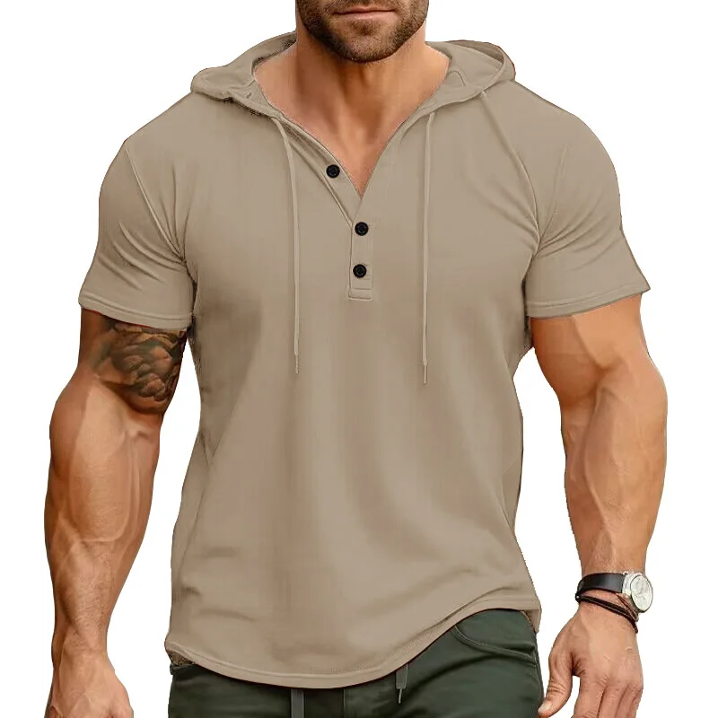 Men's Summer Short Sleeve T-shirt Sports Fitness Hoodie Top American Henry Shirt Slim Fit Casual Hooded Pullover Polo Shirt