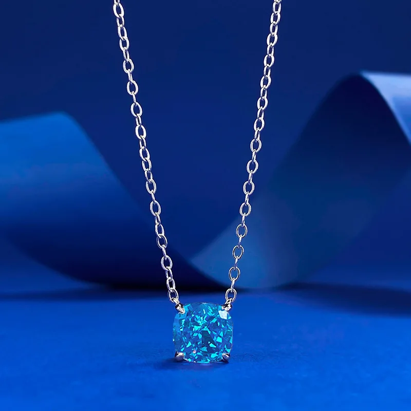 

925 Sterling Silver Cubic Zirconia Cushion Cut Fancy Blue Diamond Pendant Necklace Fine Jewelry