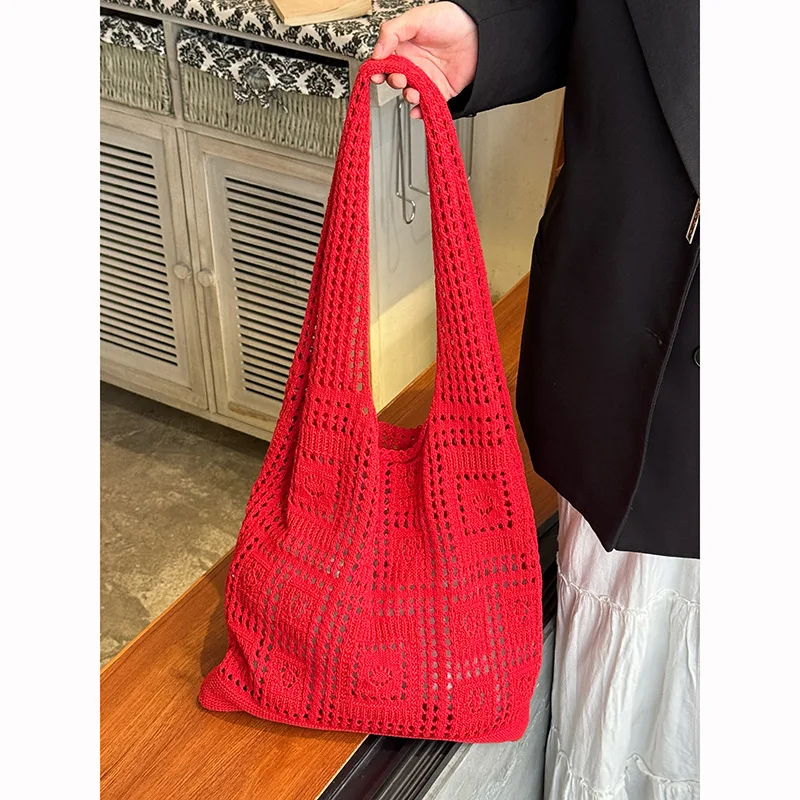 

Casual Red Large-capacity Knitted Bag Simple Crochet Tote Bag Lightweight Students Shoulder Shopping Woven Bag Female 2025