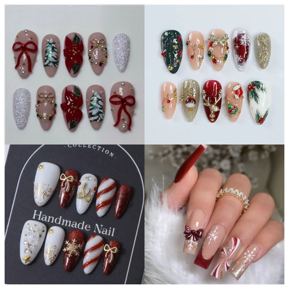 

Рождественский пресс на ногтях, квадратные и миндалевидные накладные ногти ручной работы, рисунок снежинки, дизайн, накладные ногти, многоразовый набор из 10 шт.