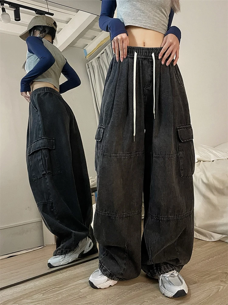 HOUZHOU Y2k Baggy Cargo Jeans for Women Oversize Wide Leg Denim Pants Female Hip Hop Trousers Pockets Streetwear Loose Patchwork