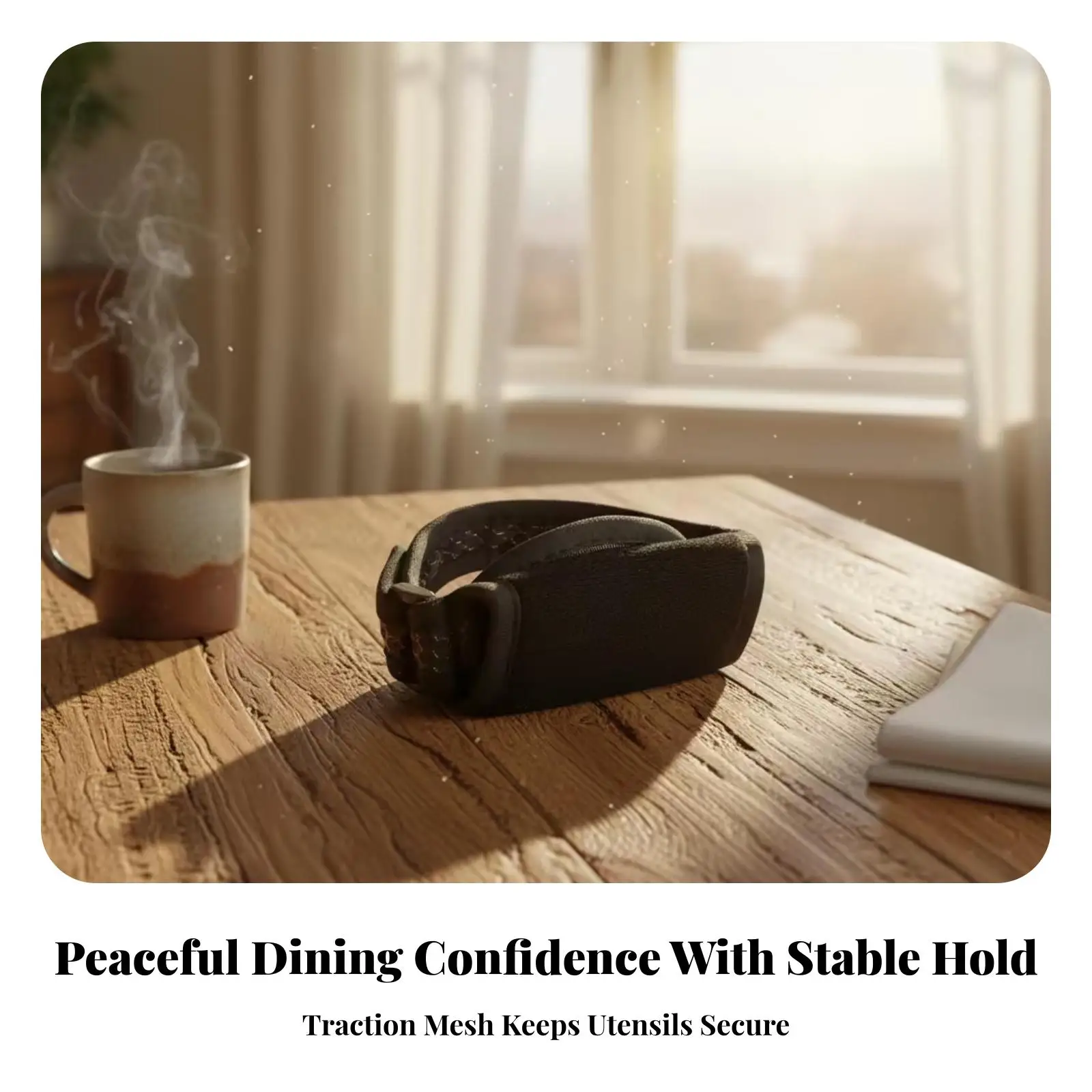 Eating Assist Strap Adjustable Utensil Holder Hand Grip Help for Seniors Disabled Dining Aid Black Honeycomb