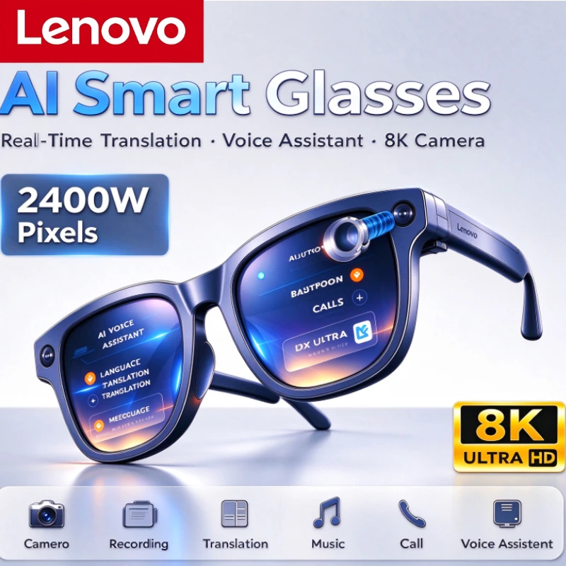 Lenovo Wireless Bluetooth Voice Recording AI Smart Glasses Remote Control 2400MP Photo Capture Call Music Women Men Sunglasses