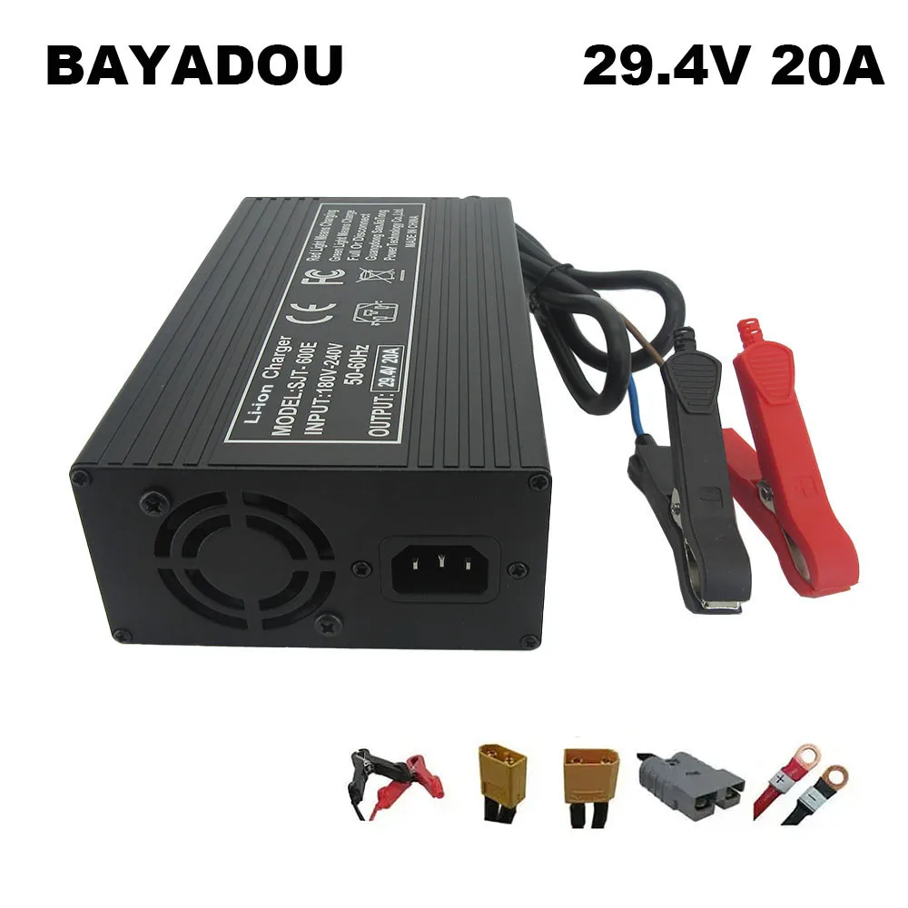 

24V 20A Li-ion Battery Fast Charger 7S 29.4V 24 Volt RV Lithium 18650 Energy Storage Forklift Chargers Alligator Clip Connector