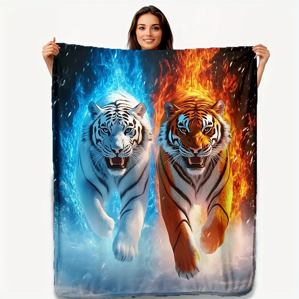 Fire and Ice Tiger Fleece Blanket Dual Nature Art Soft Cozy Throw Home Decor for Living Room or Bedroom Gift for Animal Lovers