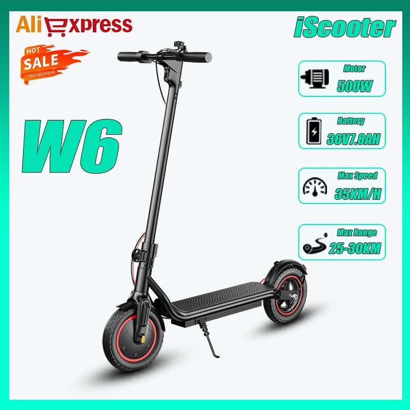 W6 سكوتر كهربائي 500 واط 36 فولت 7.8Ah 10 "إطارات هوائية 25-30 كجم المدى 35 كجم/ساعة السرعة القصوى 120 كجم تحميل الفرامل الخلفية APP التحكم